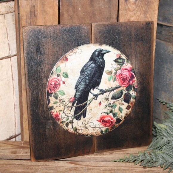 NEW Rustic Moody Black Raven Crow Black Bird & Roses Wall Decor Plaque Sign - Picture 1 of 3